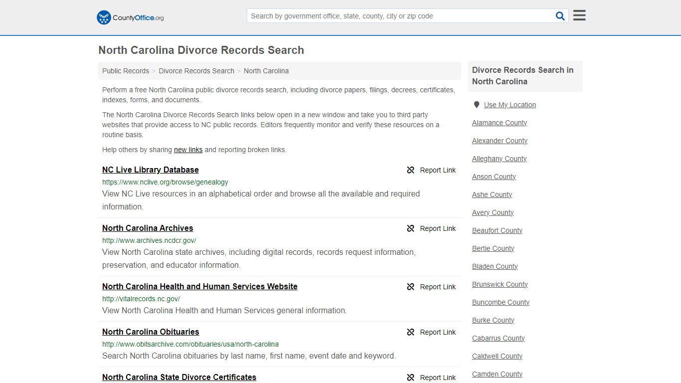 North Carolina Divorce Records Search - County Office